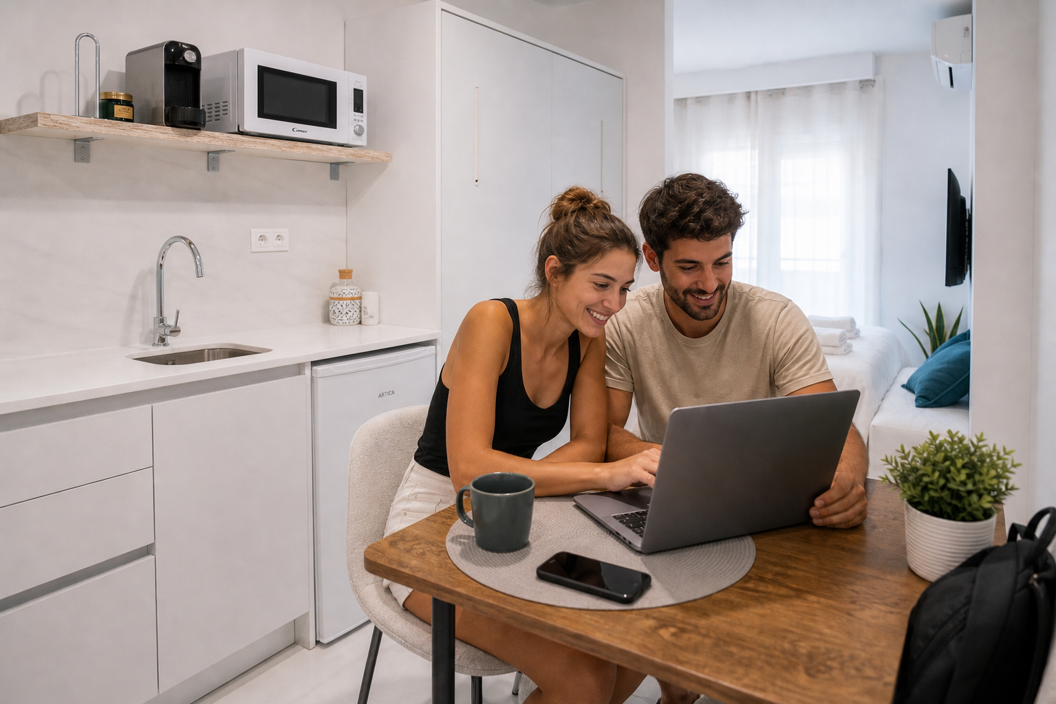 Two travelers planning together on a laptop in the 1C studio