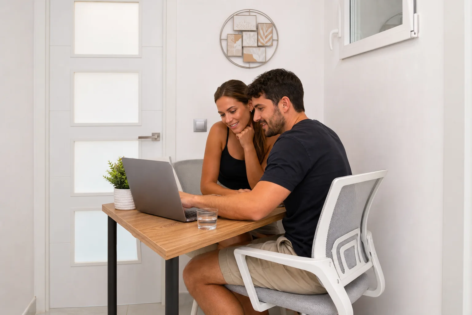 Couple planning together at the terrace-apartment work desk
