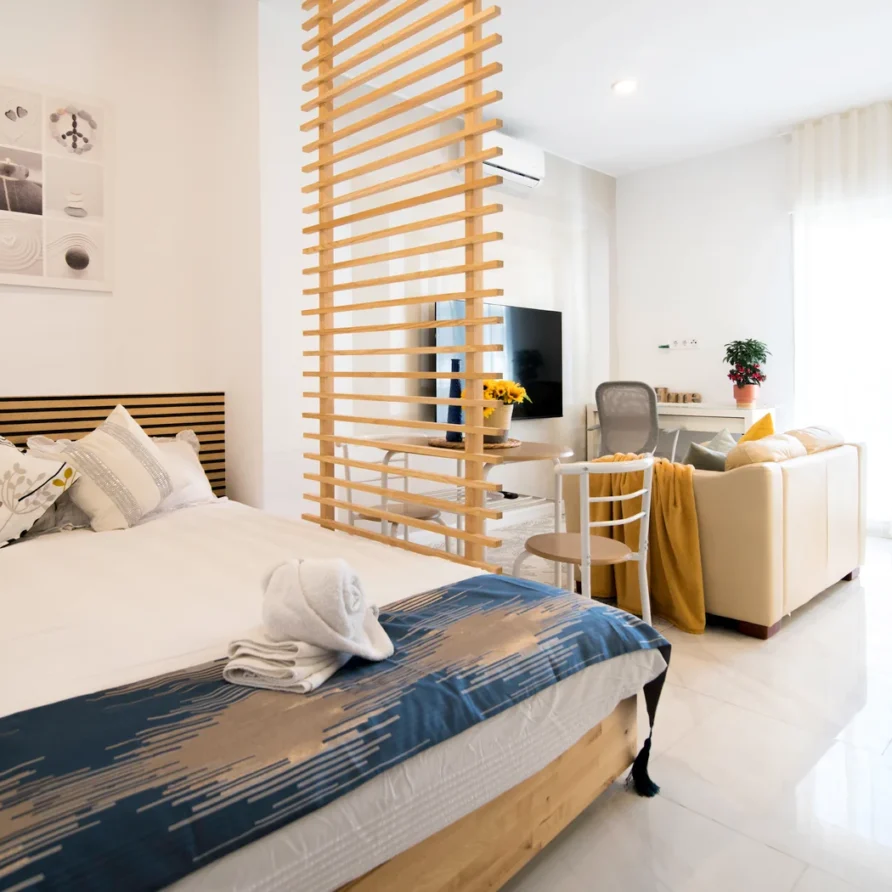 Modern studio apartment with bed, room divider, and living area