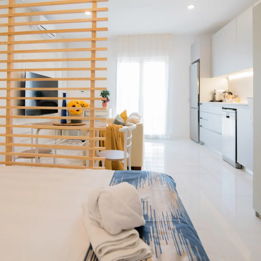 Bright modern studio with kitchen and bed