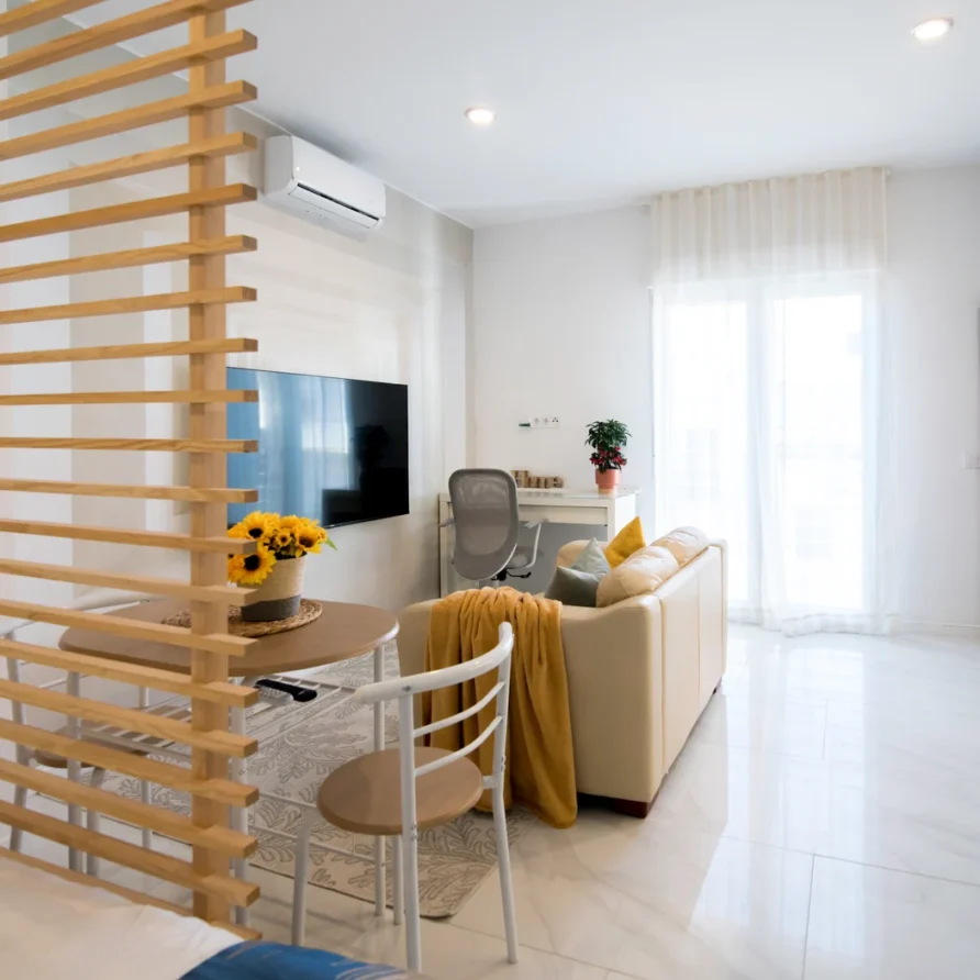 Bright living room with sofa, table, and TV