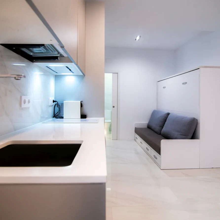 Minimalist studio with sleek kitchen & living area
