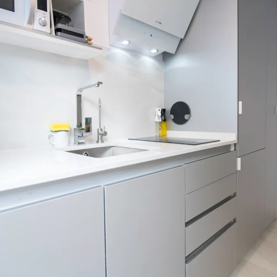 Minimalist modern kitchen with white & grey cabinets