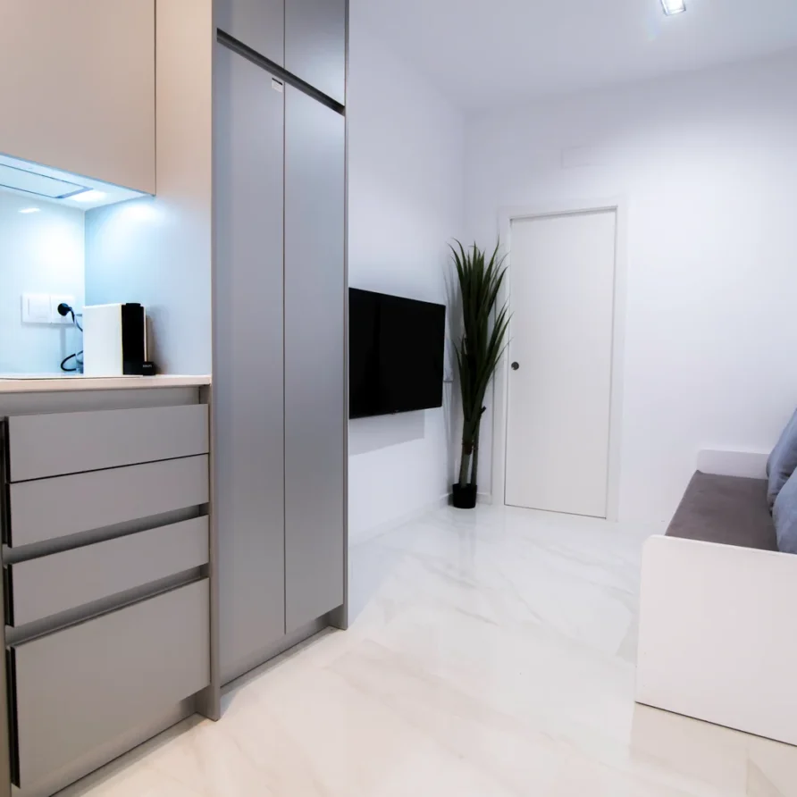 Modern kitchen and living area with gray cabinets