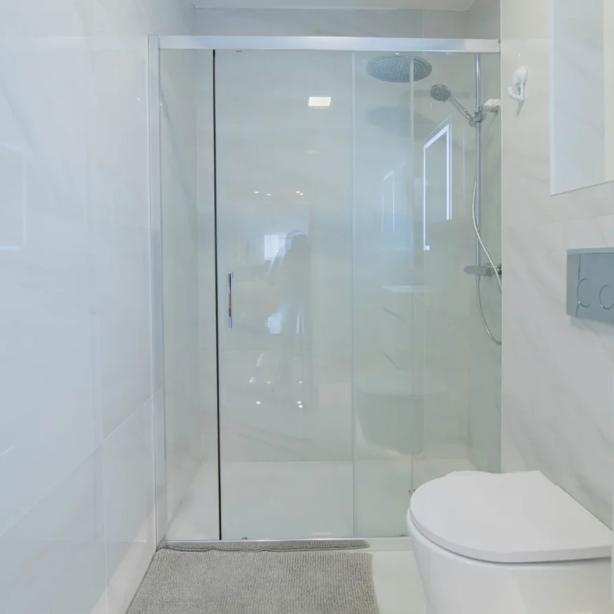 Modern bathroom with frameless glass shower and toilet