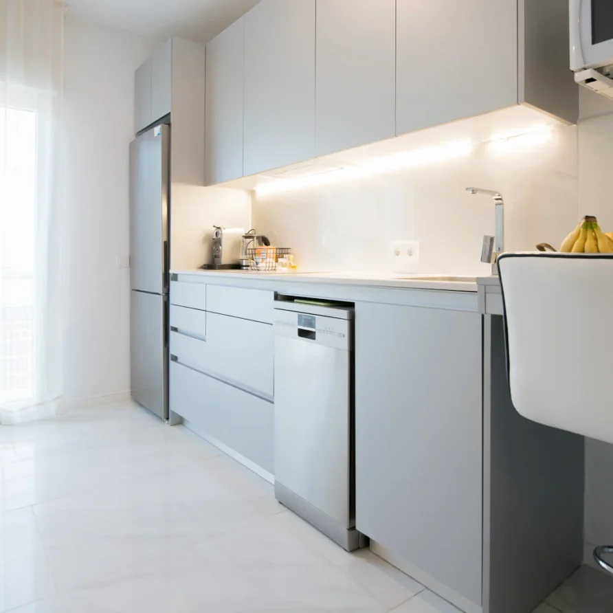 Modern kitchen with sleek grey cabinets