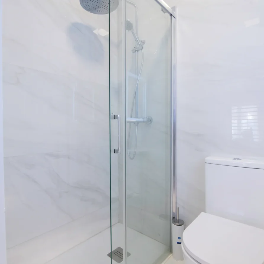 Modern bathroom with glass shower enclosure and toilet